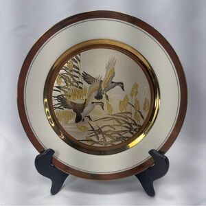 The Art of Chokin 24K Gold Rim Porcelain Plate 2 Flying Ducks  9" Grass Reeds